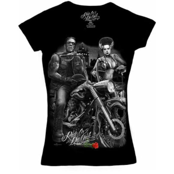 Biker Graphic Tee Frankenstein Bride Gothic Streetwear Black T-Shirt L - Picture 2 of 7
